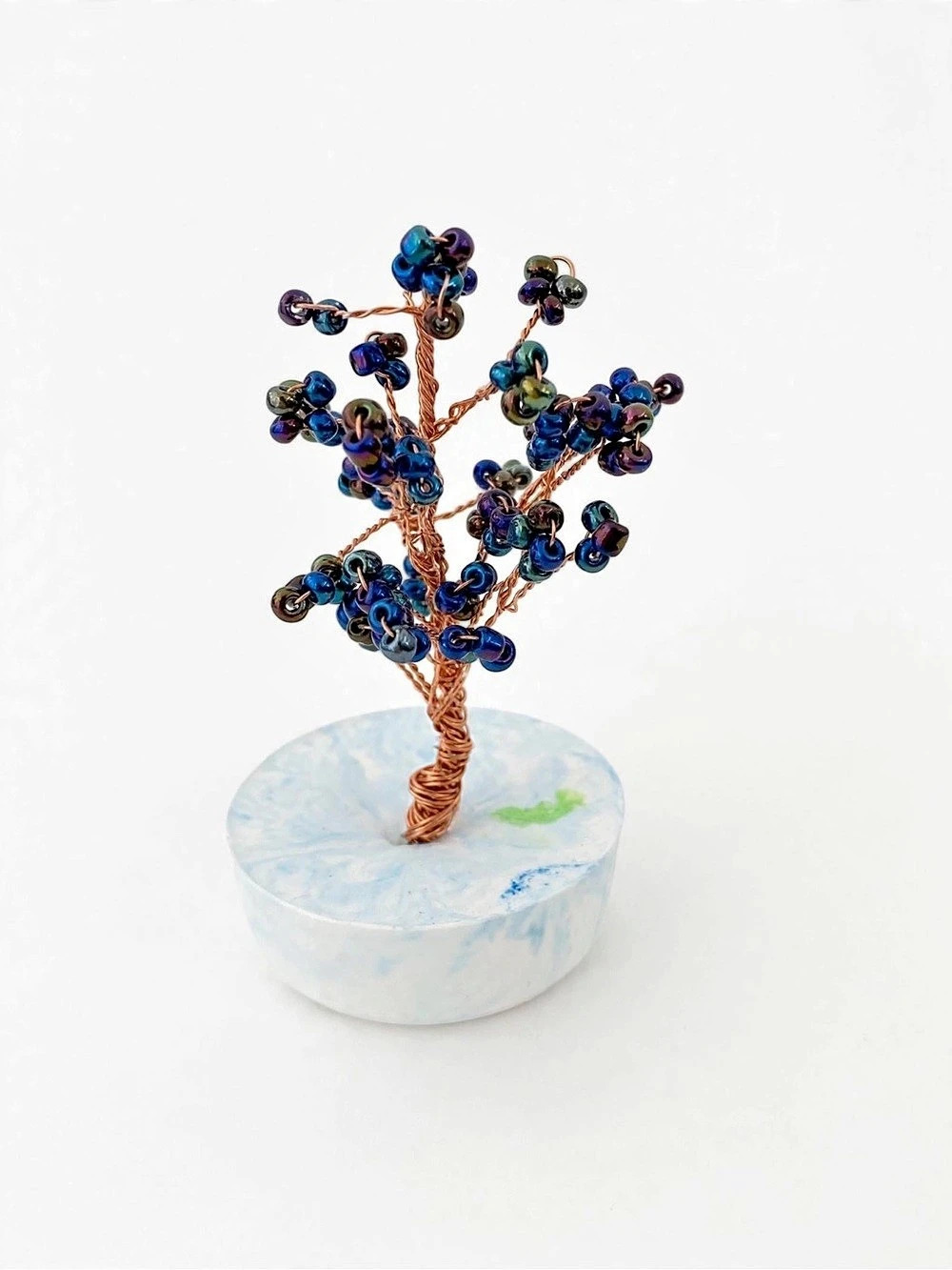 Beaded Wire Tree Sculpture in Blue & Brown